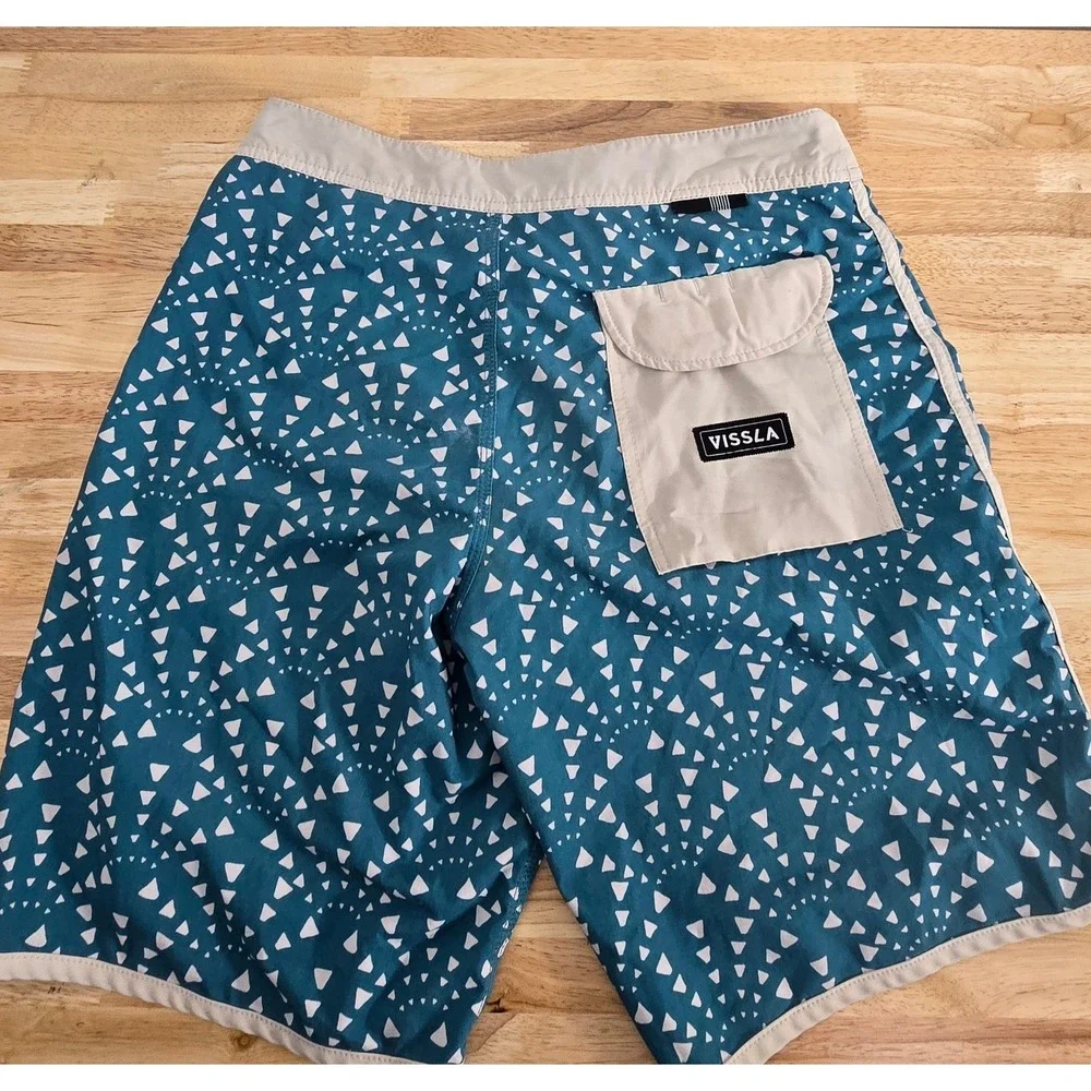 Vissla Boardshorts Size 30 Teal Geometric Surf Swim Shorts Eco Coconut Fiber‎